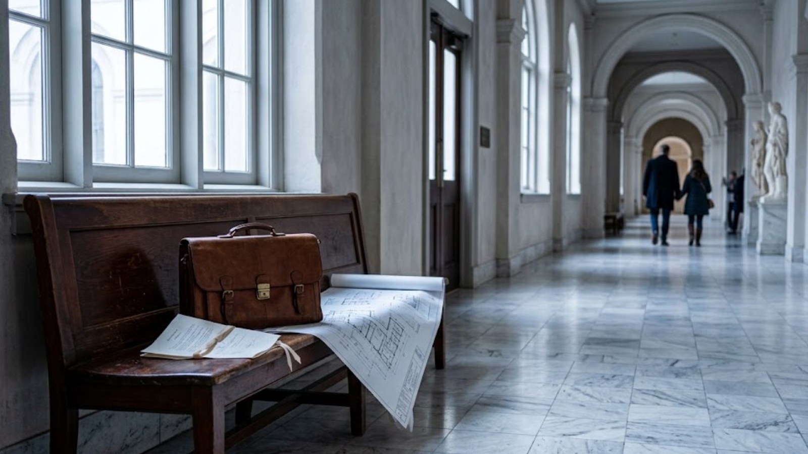 A leather briefcase and loose papers left on a wooden bench in a long marble courthouse corridor, soft window light and two distant figures walking away.