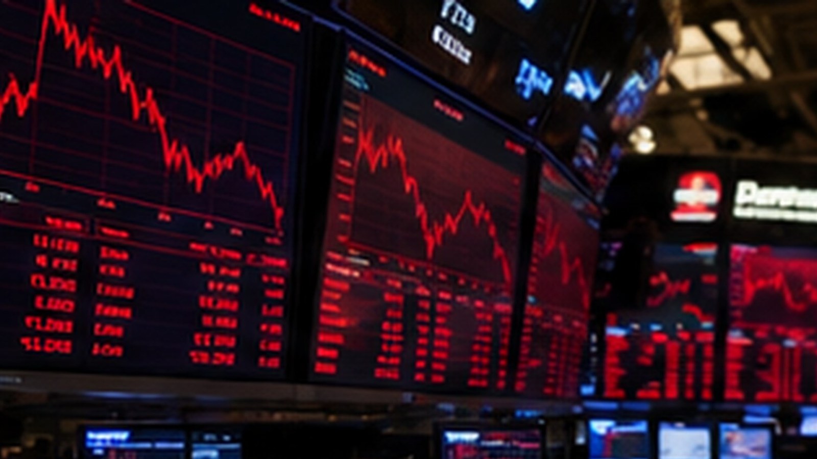 A row of large trading screens glows red with falling price charts and columns of figures in a dim market hall, smaller monitors lit below.
