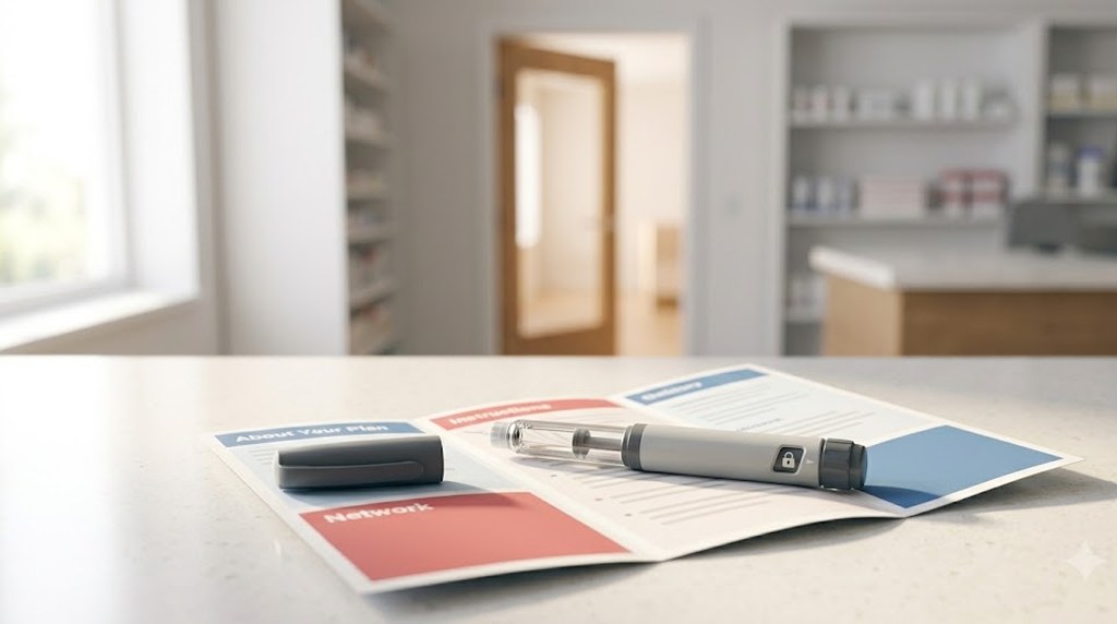 A gray injector pen and its cap rest on an open health-plan brochure on a white pharmacy counter, shelves of medicine softly blurred behind.