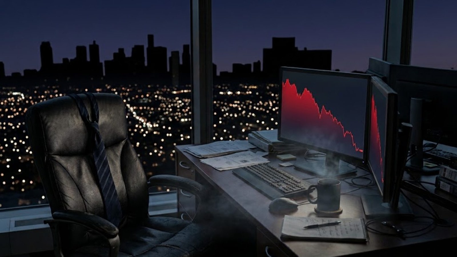 An empty leather office chair at a desk at night, a monitor showing a falling red chart beside a steaming mug, city lights spread out beyond the window.