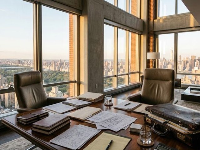 An empty corner office high above a city park at golden hour, leather chairs, ledgers, loose papers and an old leather briefcase spread across a long wooden desk.