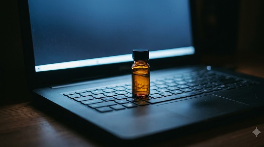 A small amber glass vial with a black cap stands on the keyboard of an open laptop in a dark room, the blank screen glowing cold blue.