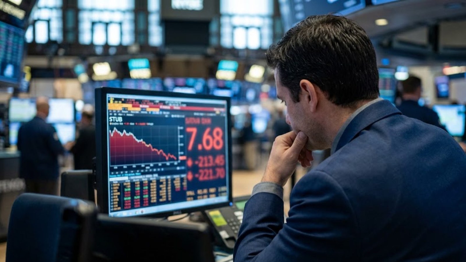 A man in a navy jacket rests his chin on his hand as he studies a monitor showing a falling red chart on a busy trading floor.