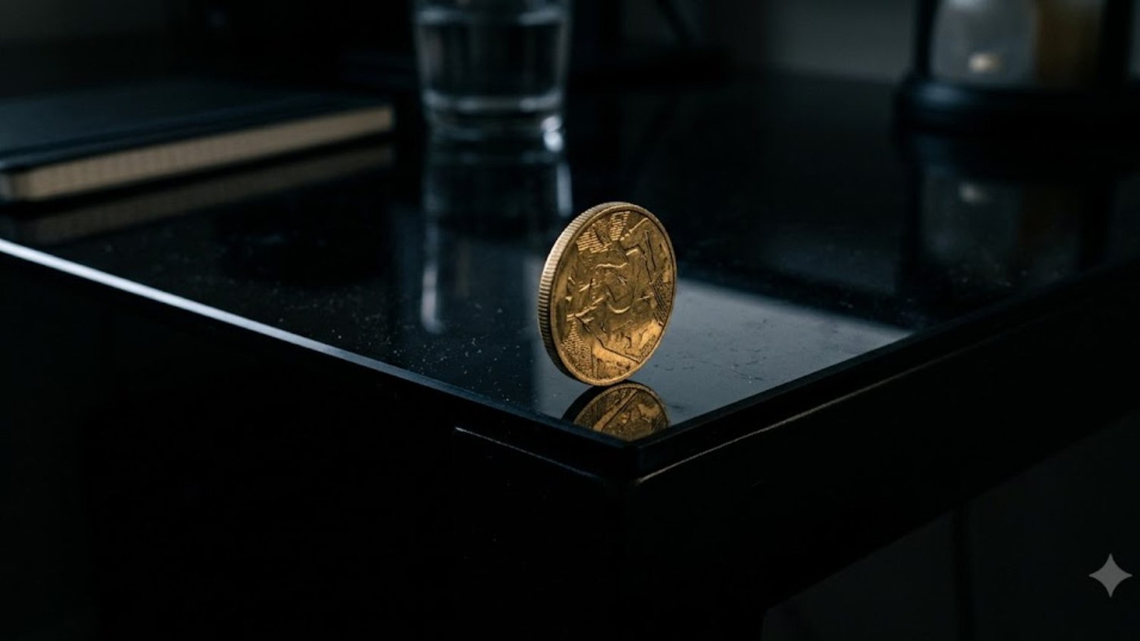 A single gold coin balanced on its edge on a black glass table in near darkness, a soft highlight catching its rim.