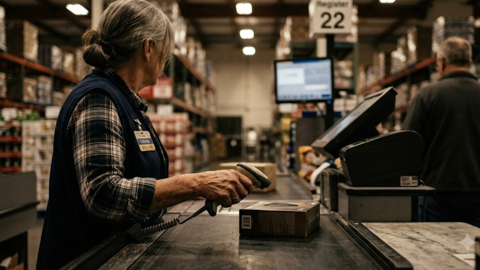 A cashier in a plaid shirt and vest scanning a small box at a warehouse-store register, a customer waiting across the counter under fluorescent light.