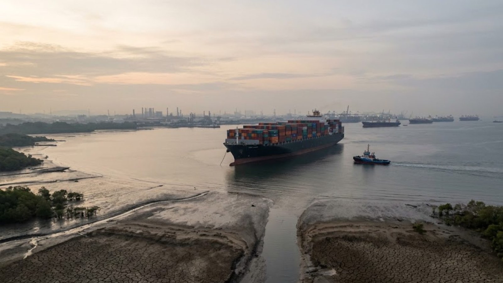 A loaded container ship heading out past mudflats toward a hazy industrial port at dawn, a small tug alongside and more ships waiting offshore.