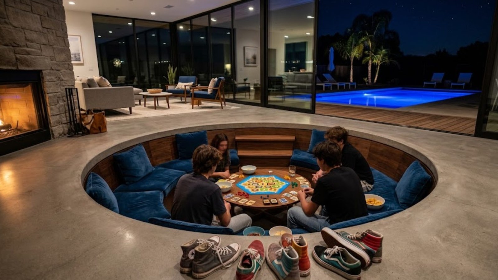 Four teenagers play a board game in a sunken living-room seating pit at night, sneakers lined up on the concrete floor, a fireplace and lit pool beyond.