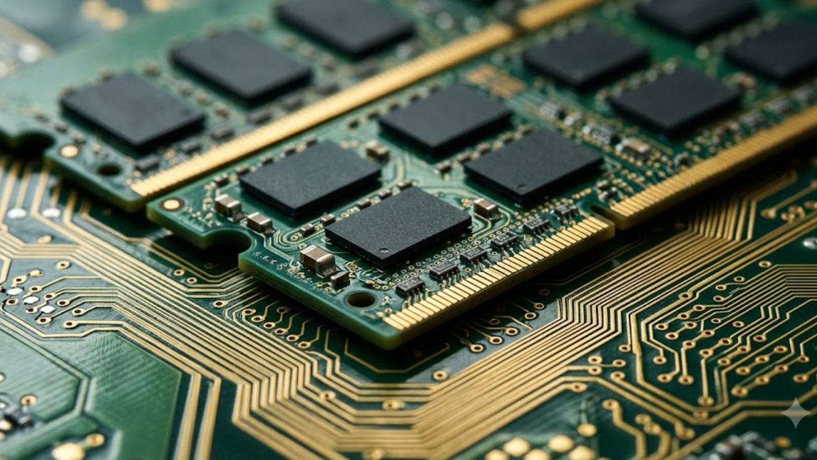 A close-up of memory modules with black chips and gold contacts seated on a green circuit board, shallow focus fading the rows behind.