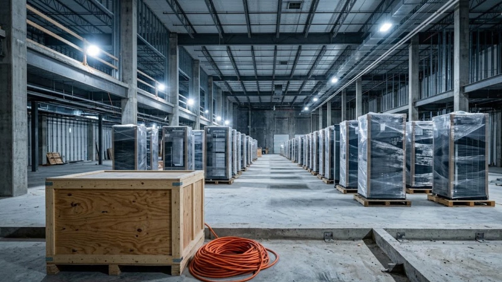 Rows of shrink-wrapped server racks on pallets stretching down a bare warehouse floor, a wooden crate and a coil of orange cable in the foreground.