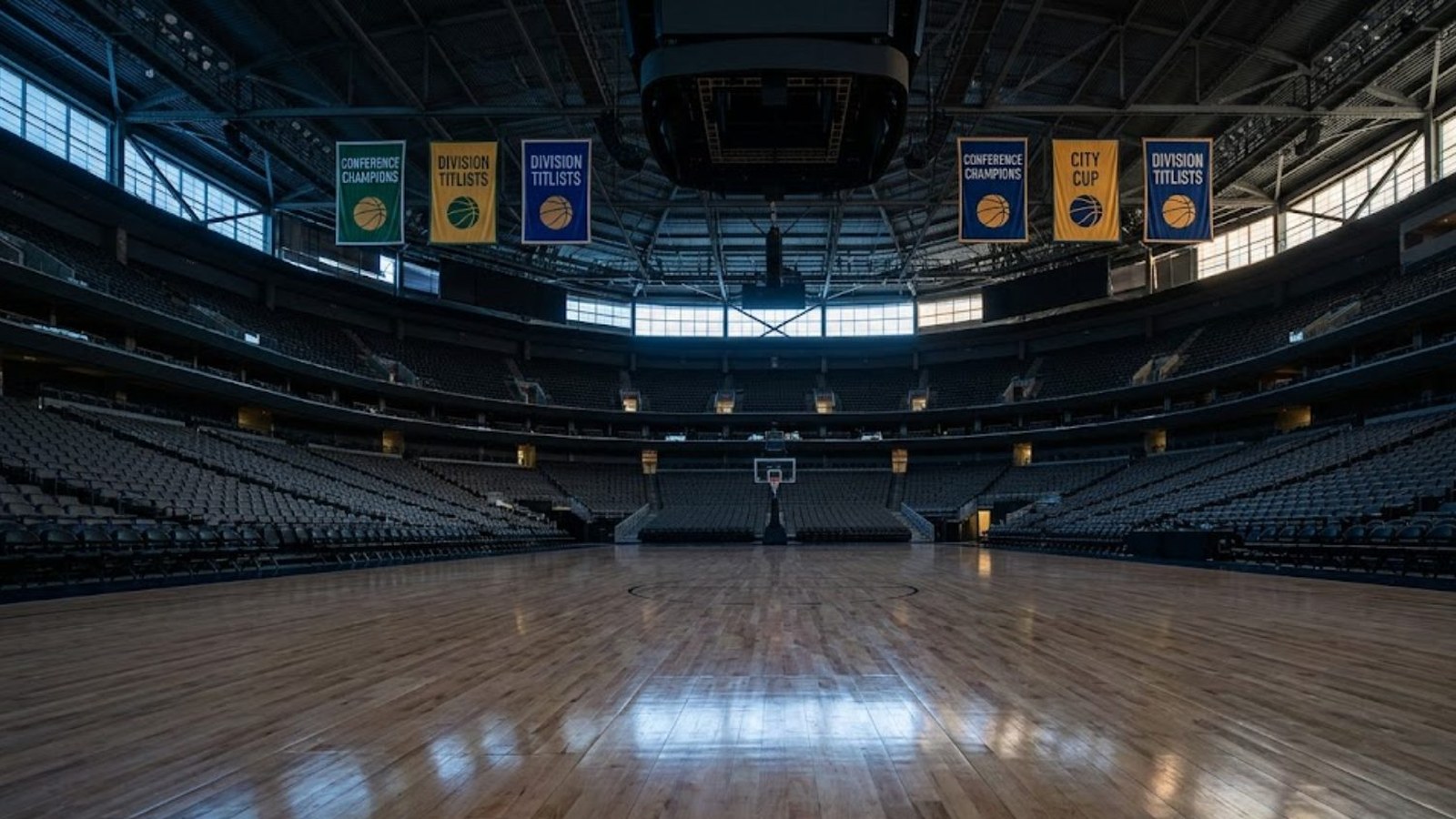 An empty arena in dim light, rows of dark seats around a polished wooden floor, championship banners hanging from the steel rafters overhead.