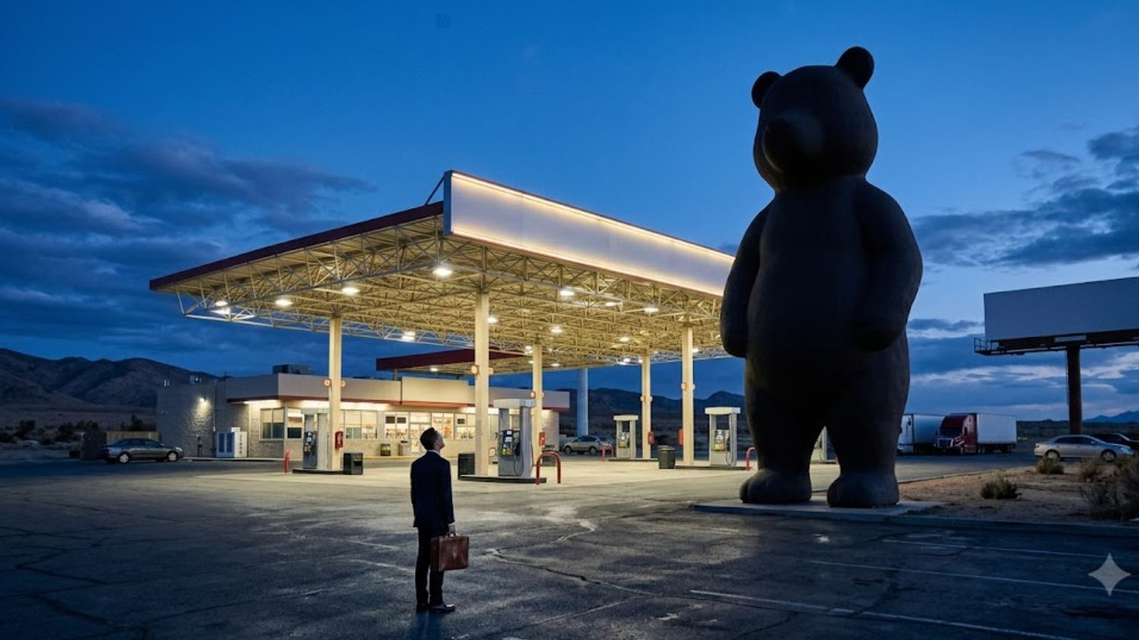 A desert highway fuel stop at blue dusk, its canopy lit over the pumps, semitrailers parked beyond and a giant bear statue looming beside a man with a briefcase.