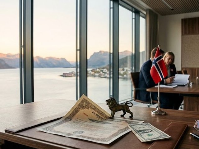 A man and a woman read papers together at a desk in an office overlooking a fjord at dusk, a brass lion and old certificate on the desk in front.
