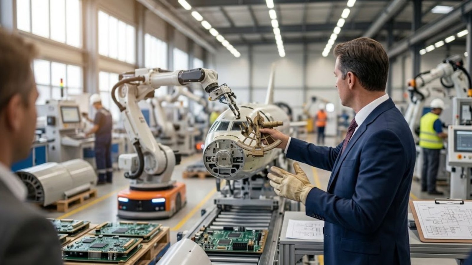 A man in a suit points to an aircraft fuselage held by a white robotic arm on a bright factory floor, circuit boards and technicians around him.
