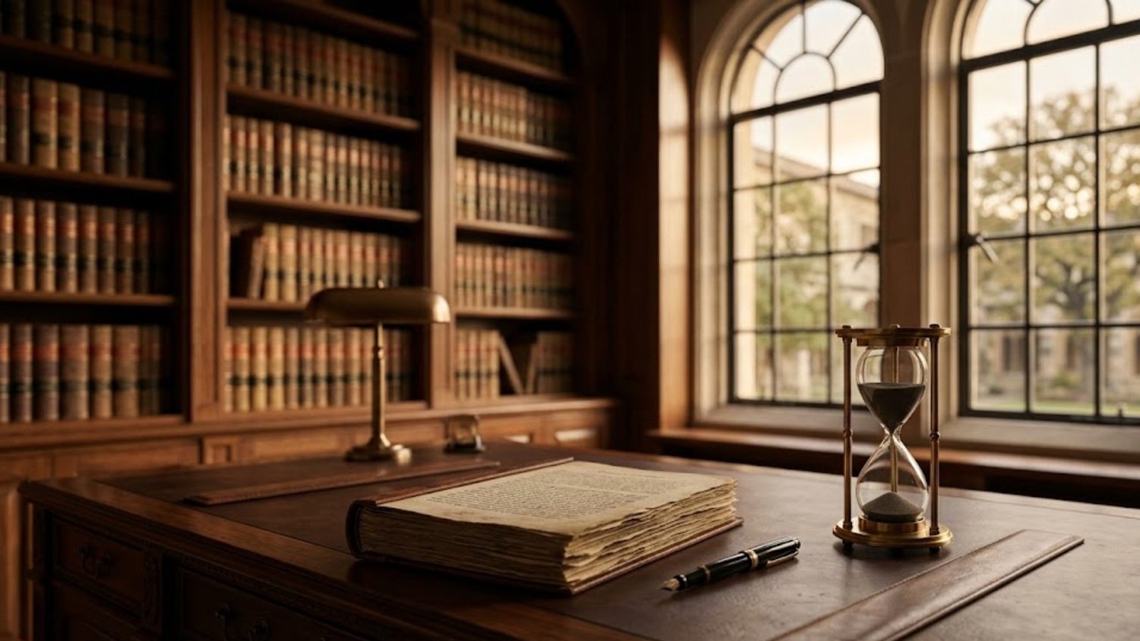 A dark wooden desk in a book-lined study, an old bound volume, a fountain pen and a brass hourglass beside tall arched windows in soft daylight.
