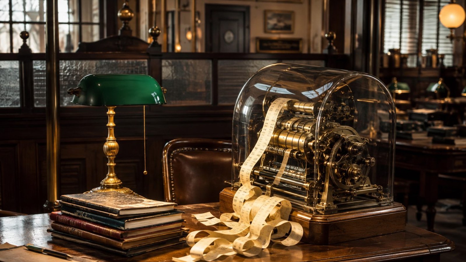 A green banker's lamp over a stack of ledgers beside an antique brass ticker machine under a glass dome, paper tape curling across a dark wooden desk.