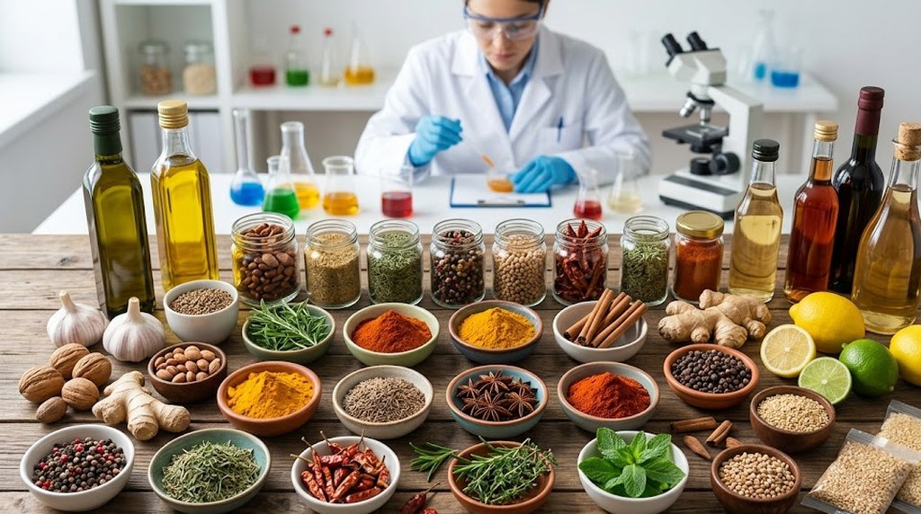 Bowls of nuts, spices, dried chilies and herbs crowd a wooden table with lemons, limes, garlic and glass bottles of oil, a scientist testing samples behind.