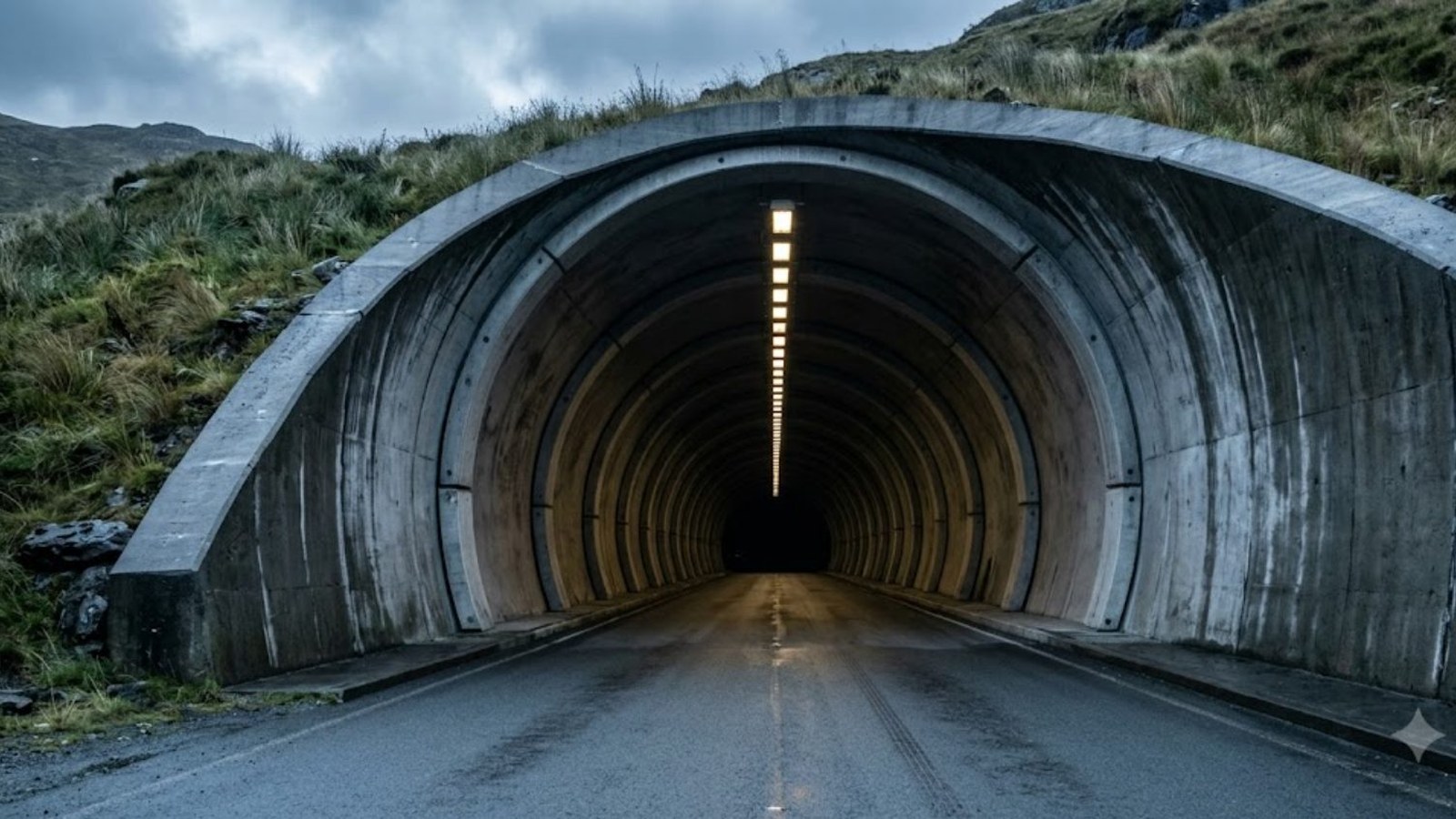 A single-lane road runs into a concrete tunnel cut into a grassy, rocky mountainside under heavy grey cloud, a strip of lights glowing down its length.
