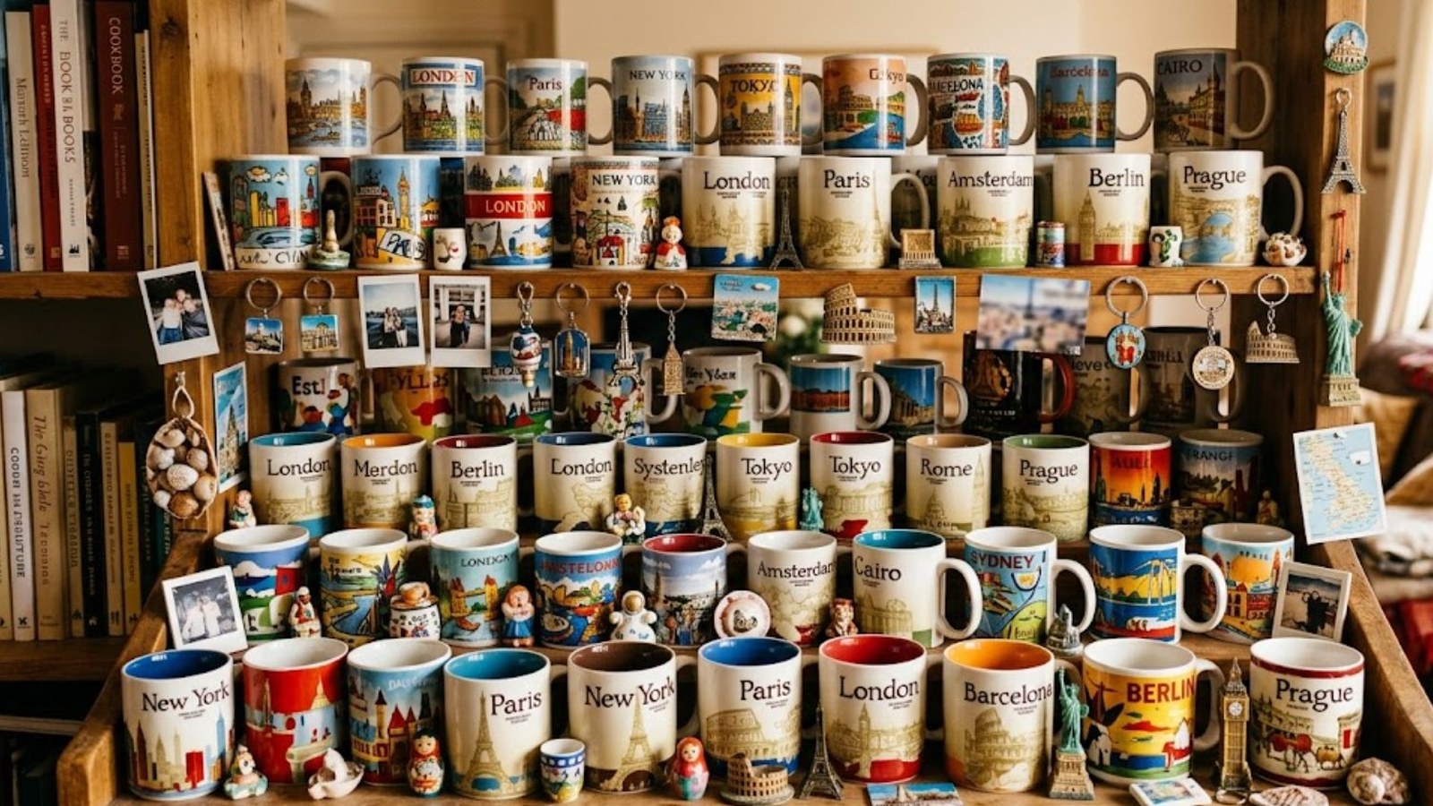 Shelves crowded with souvenir mugs from cities around the world, keychains, travel snapshots and tiny landmark figurines, warm lamplight in a cozy room.