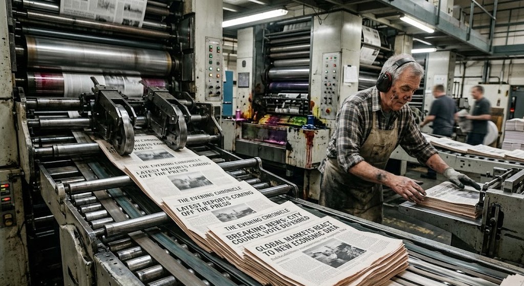 A gray-haired pressman in an ink-stained apron stacks fresh newspapers coming off the rollers of a printing press in a busy, brightly lit plant.