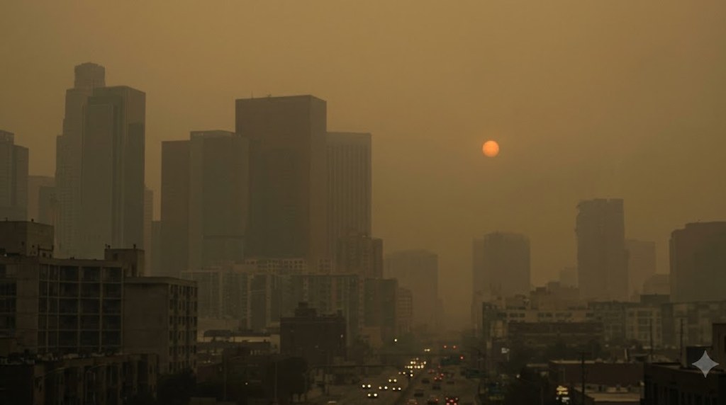 Downtown towers stand in a thick amber haze, a small orange sun hanging low over the city as headlights trickle along an avenue below.