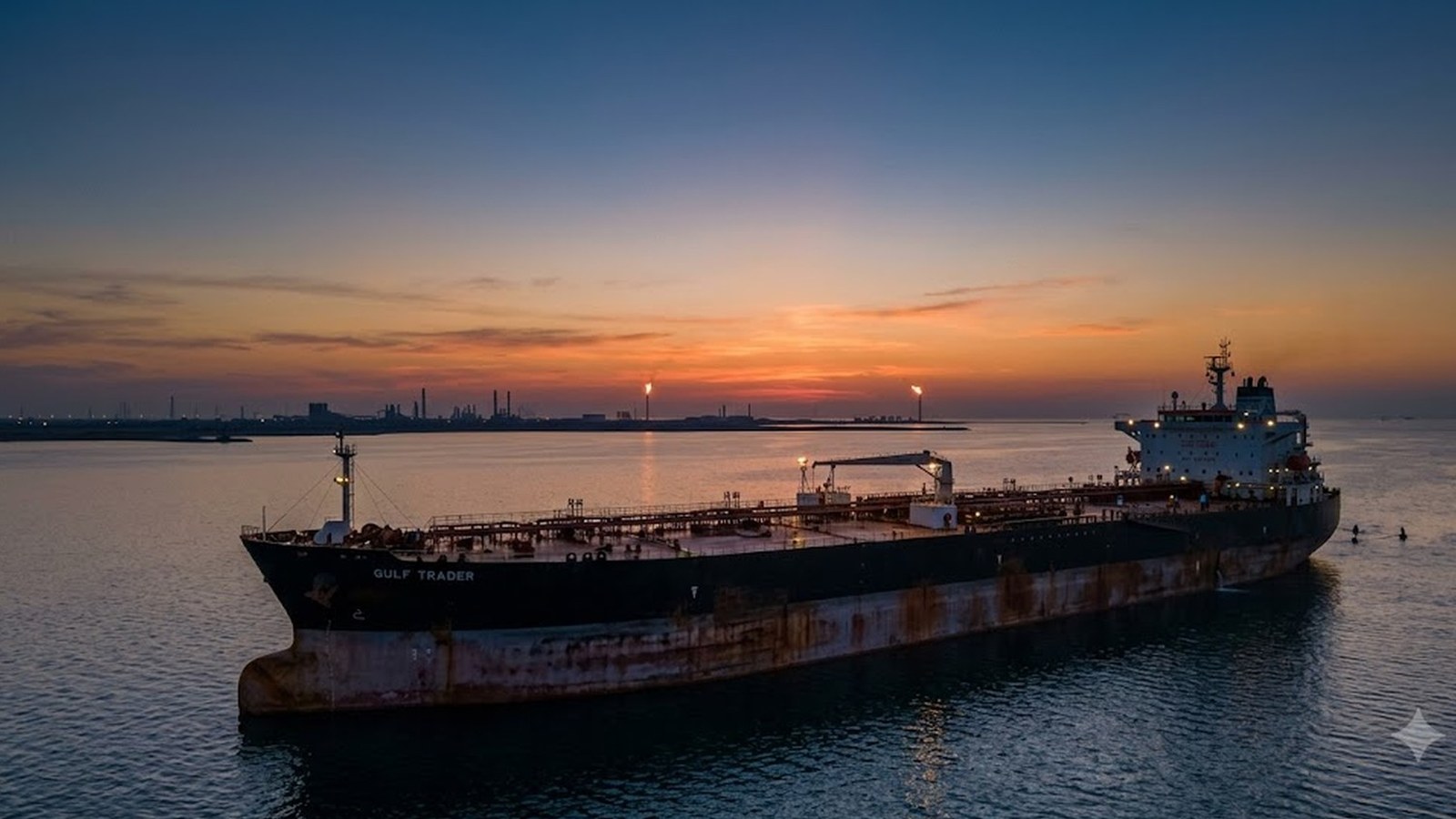 A crude oil tanker riding at anchor on calm water at sunset, refinery flares burning on the low coastline behind it.