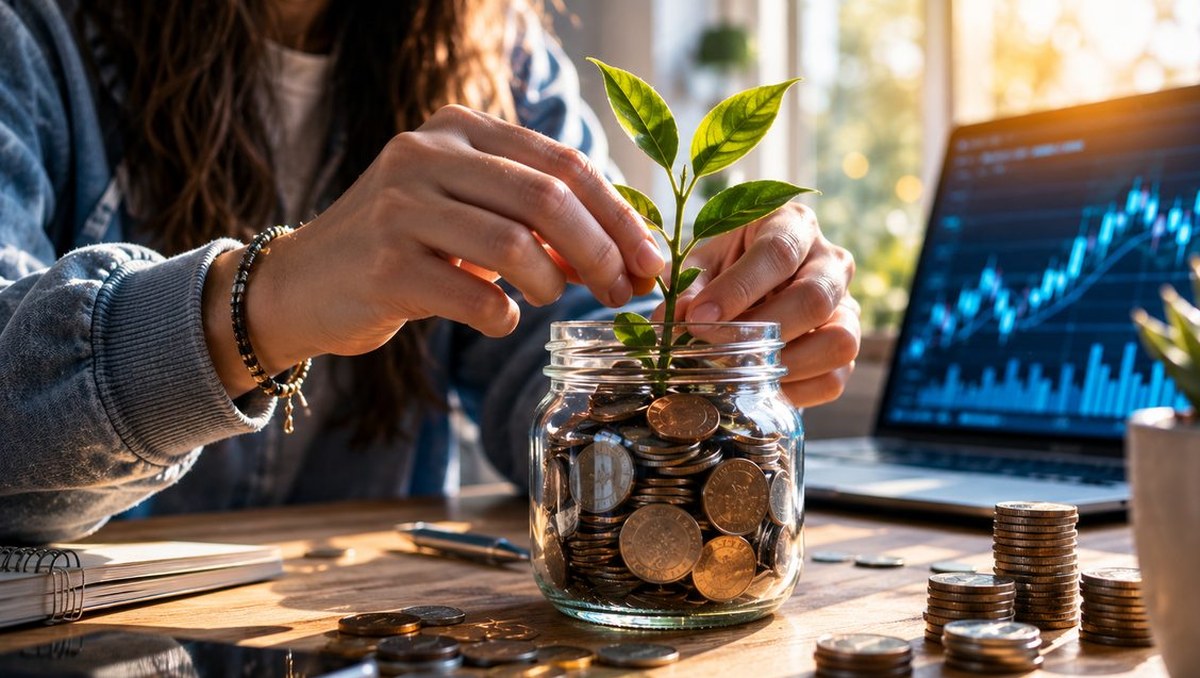 Hands settle a green seedling into a glass jar full of coins on a sunlit wooden desk, stacks of coins and a laptop showing a rising chart beside it.