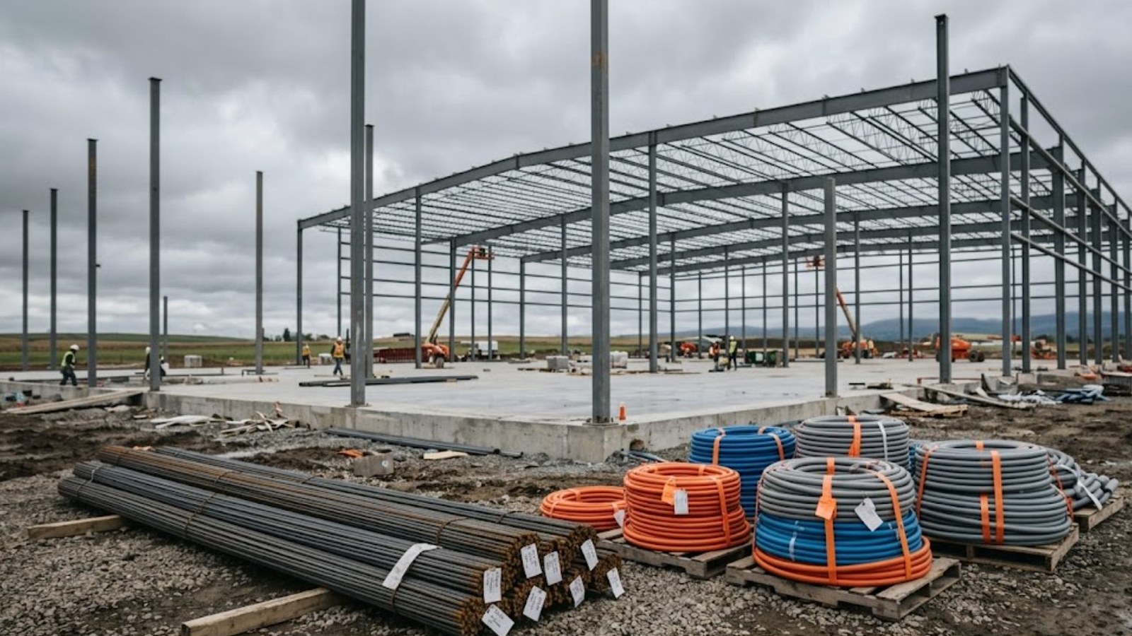 The bare steel frame of a large building rising on a concrete slab under a gray sky, bundled rebar and coils of orange and blue cable conduit in the foreground.