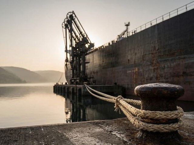 Thick rope wound around a rusted iron bollard on a quay at sunrise, a moored cargo ship and its loading crane rising over still water and hills.