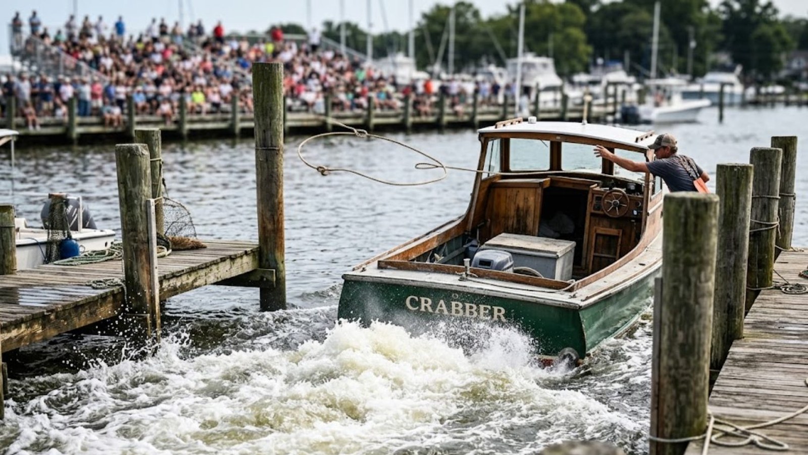 A wooden workboat churns white water as its skipper tosses a line toward a dock piling, a crowd watching from the waterfront stands across the harbor.