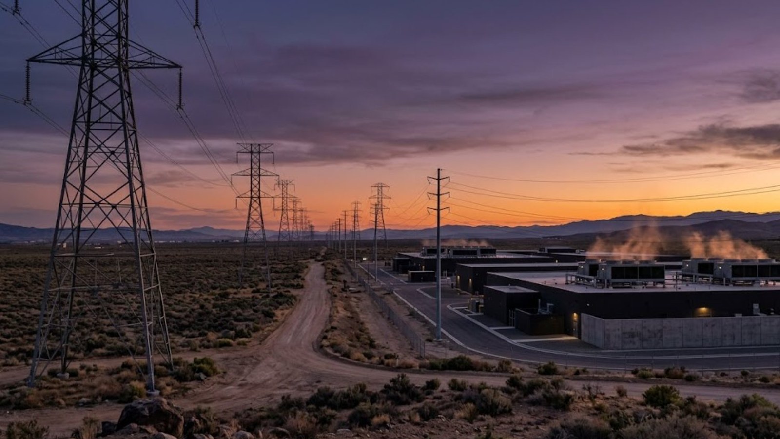 High-voltage transmission towers marching across open desert scrub toward a low industrial campus at dusk, vapor rising from its roofs under an orange sky.