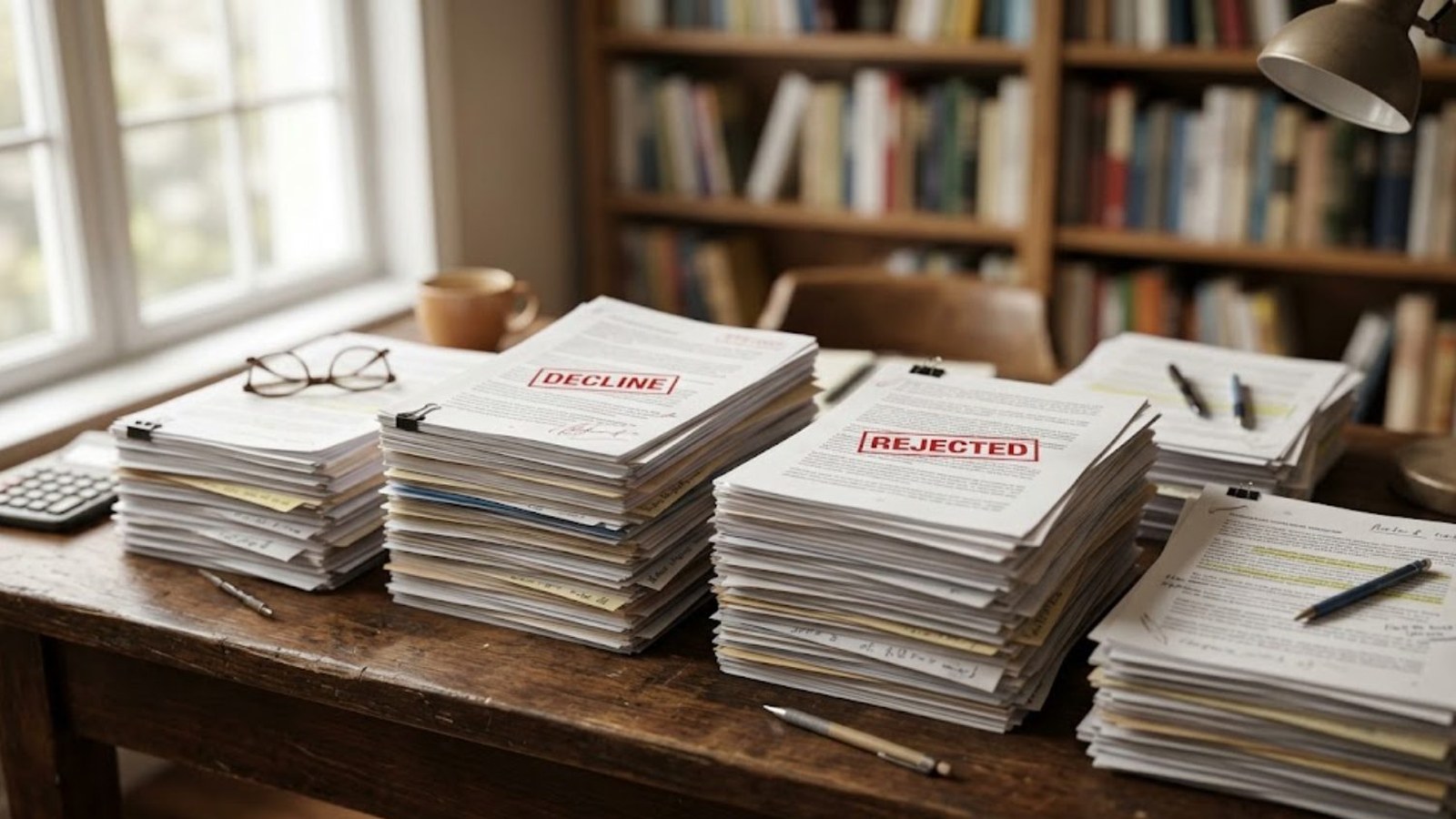 Tall stacks of paper applications, some stamped decline and rejected, cover a wooden desk in a study lined with bookshelves, a lamp and reading glasses nearby.