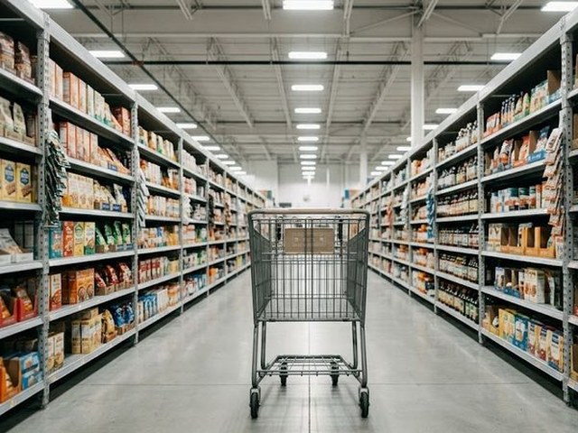 An empty shopping cart stands alone in a long fluorescent-lit store aisle between tall shelves of boxed goods, no shoppers or staff in sight.