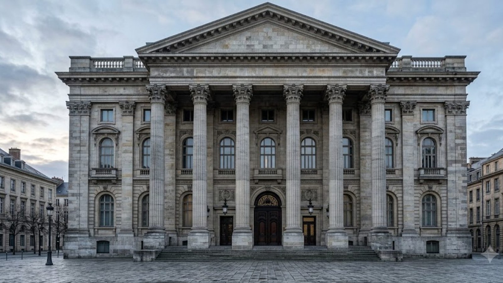 A neoclassical stone building with a columned portico above an empty cobbled square under a gray evening sky, no people in sight.