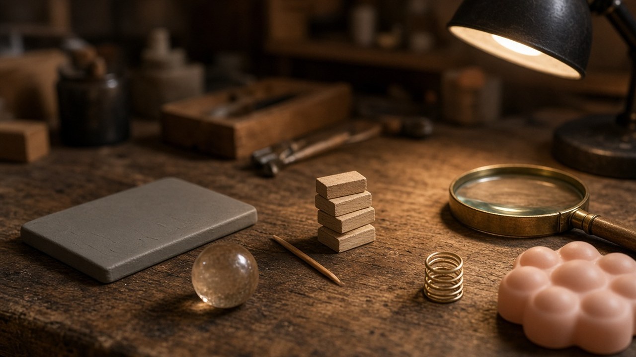 A small stack of wooden blocks among simple toys on a workbench under a desk lamp: a glass marble, a brass spring, a magnifying glass and a pink putty shape.