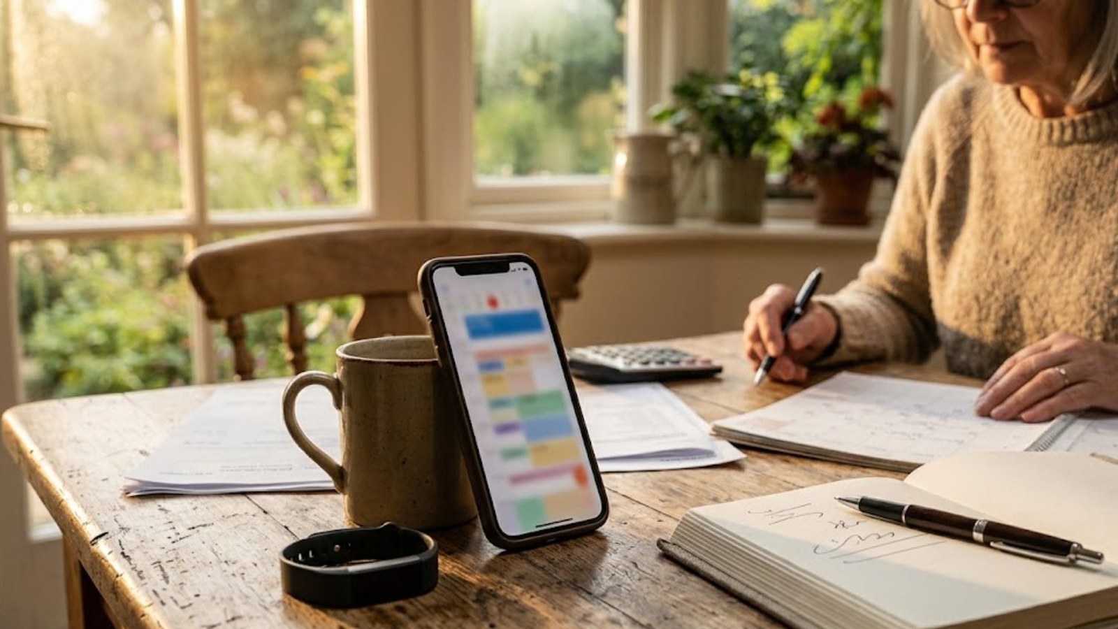 A smartphone showing a colorful app calendar propped against a mug on a wooden kitchen table, a calculator and household papers beside it in morning light.