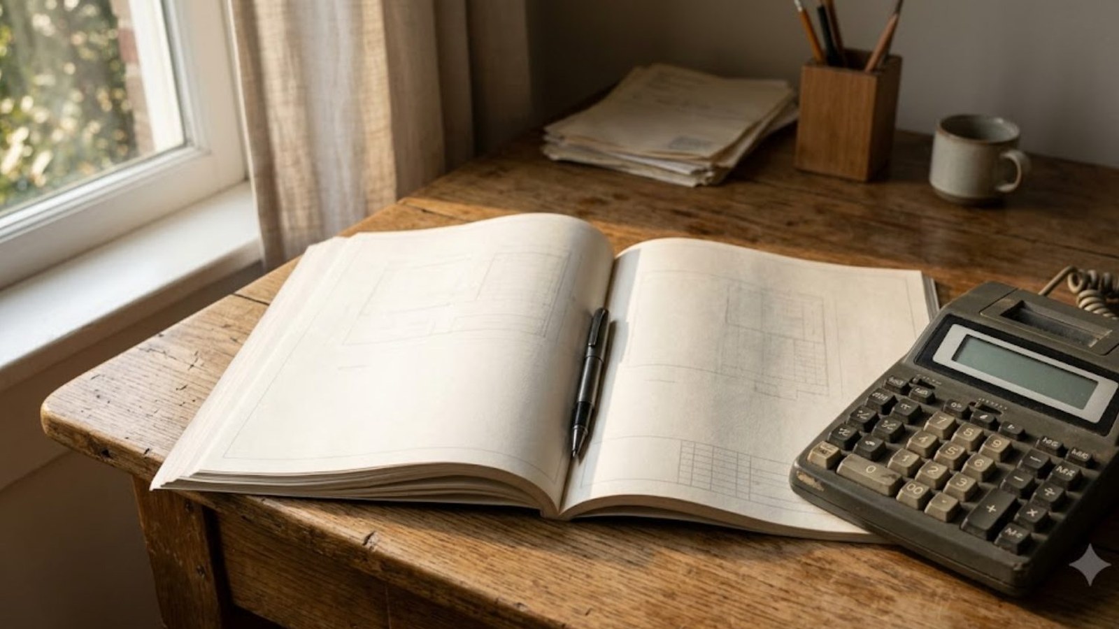 An open ledger with a pen in its gutter beside a vintage desk calculator on a worn wooden desk by a bright window, a mug and pencils at the back.