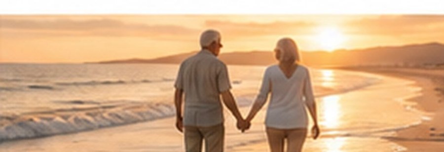 An older couple walks hand in hand along the edge of the surf on a wide beach at sunset, the low sun glowing over the hills.