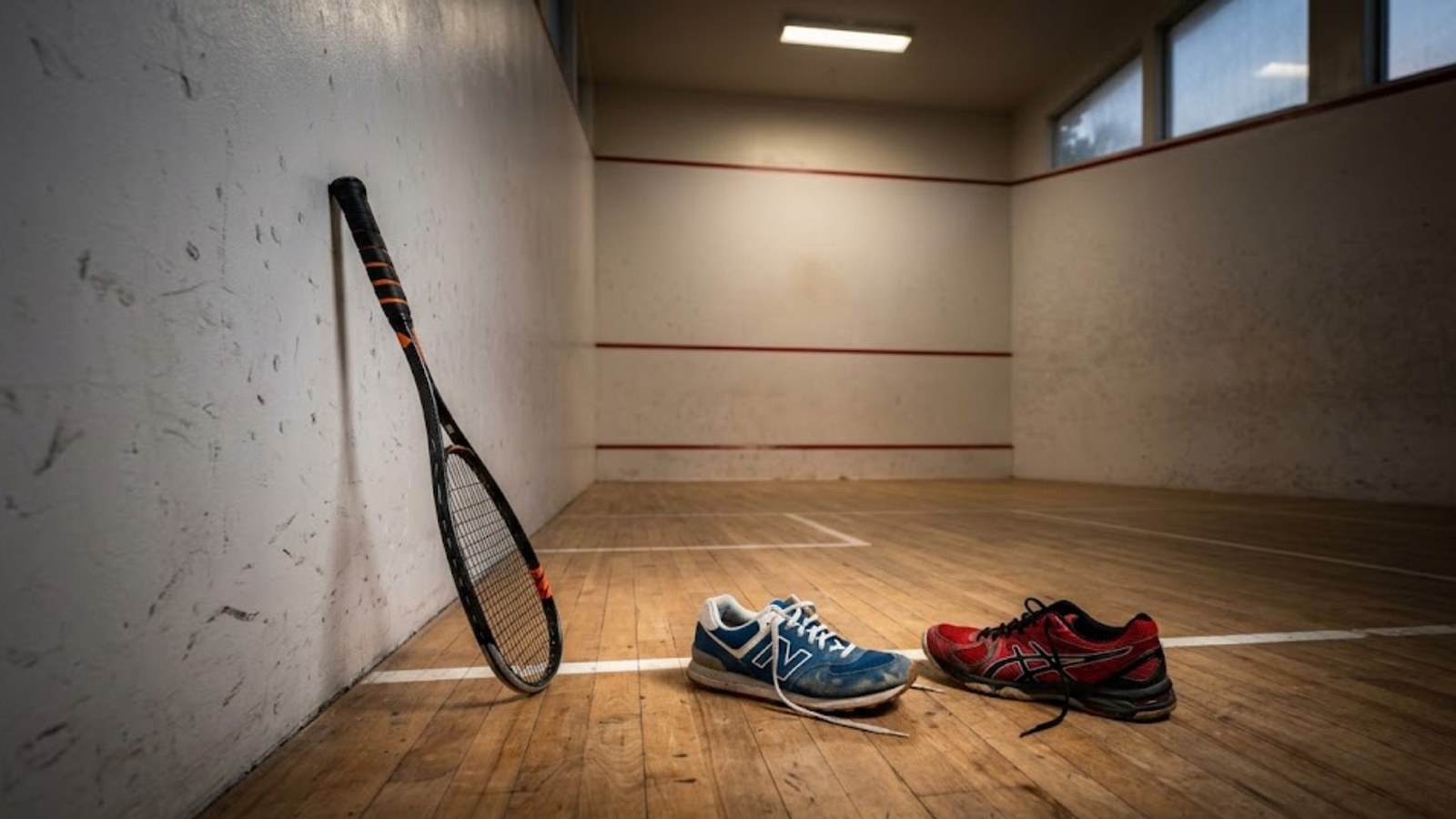 Two worn pairs of running shoes, one blue and one red, rest on the wooden floor of an empty squash court, a racquet leaning on the wall.