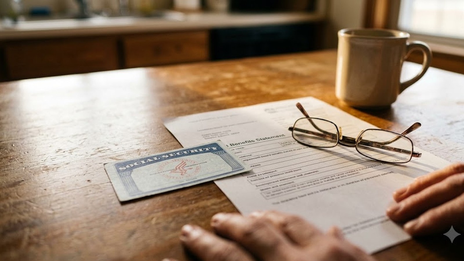 An older person's hands rest beside a benefits statement, a Social Security card and folded reading glasses on a worn kitchen table, a coffee mug in window light.
