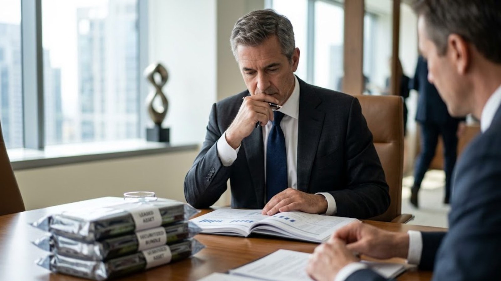 A gray-haired man in a suit studies an open report at a wooden conference table, a colleague across from him and city towers through the windows.