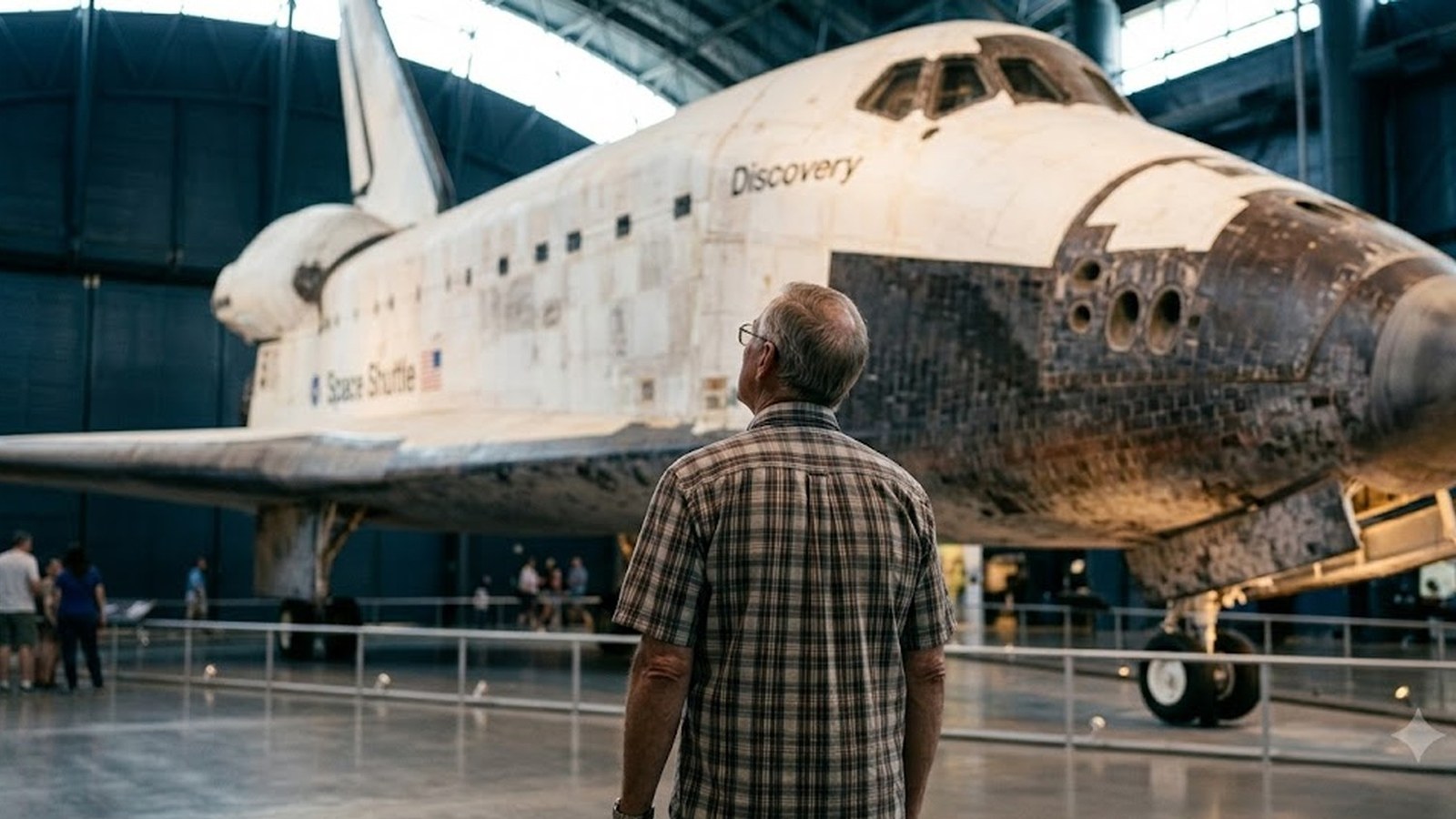 A gray-haired visitor seen from behind looks up at a retired space shuttle on display in a vast museum hangar, other visitors small at its feet.