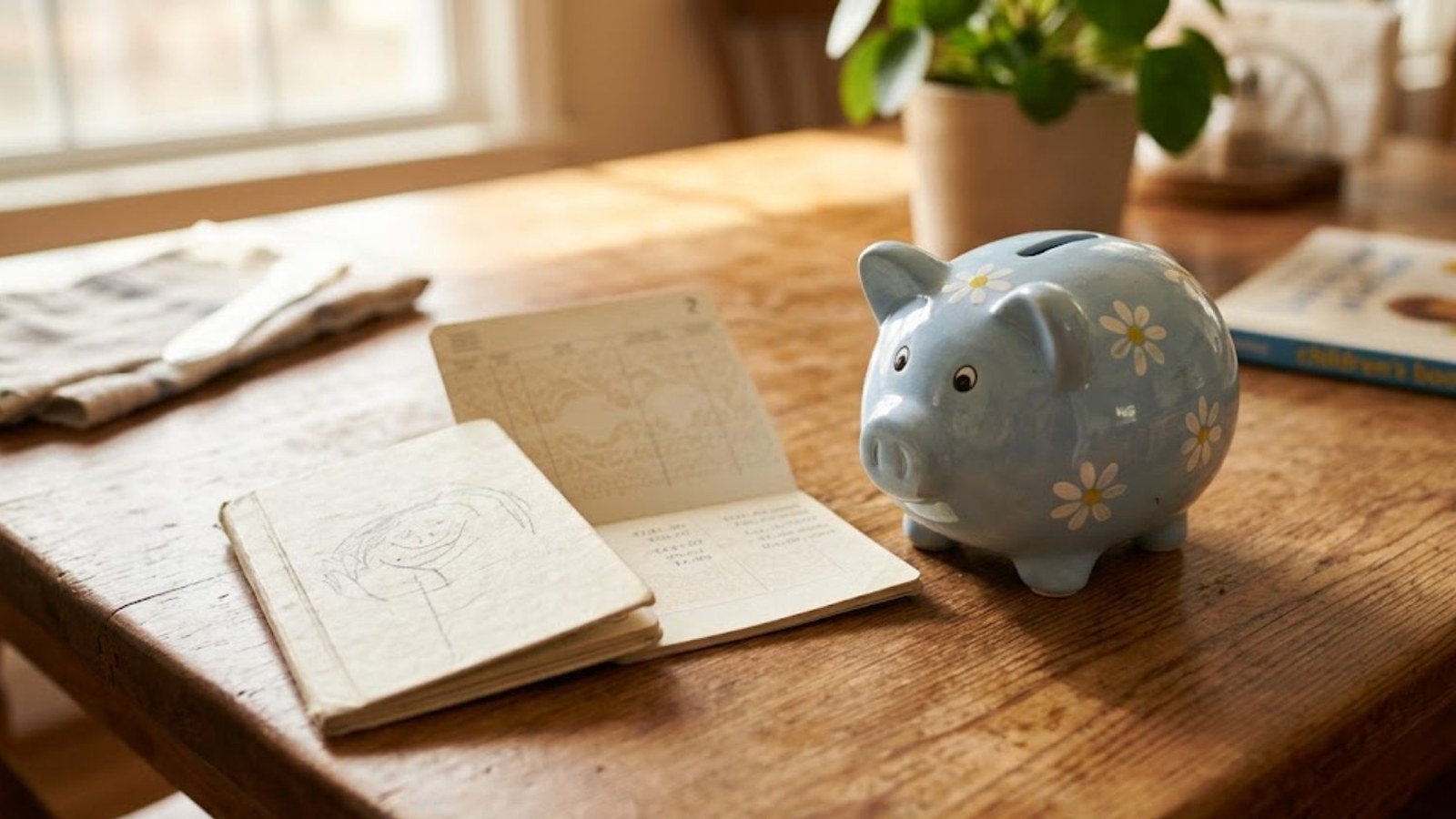 A pale blue ceramic piggy bank painted with daisies sits on a sunlit wooden table beside an open savings passbook, a sketchbook and a potted plant.