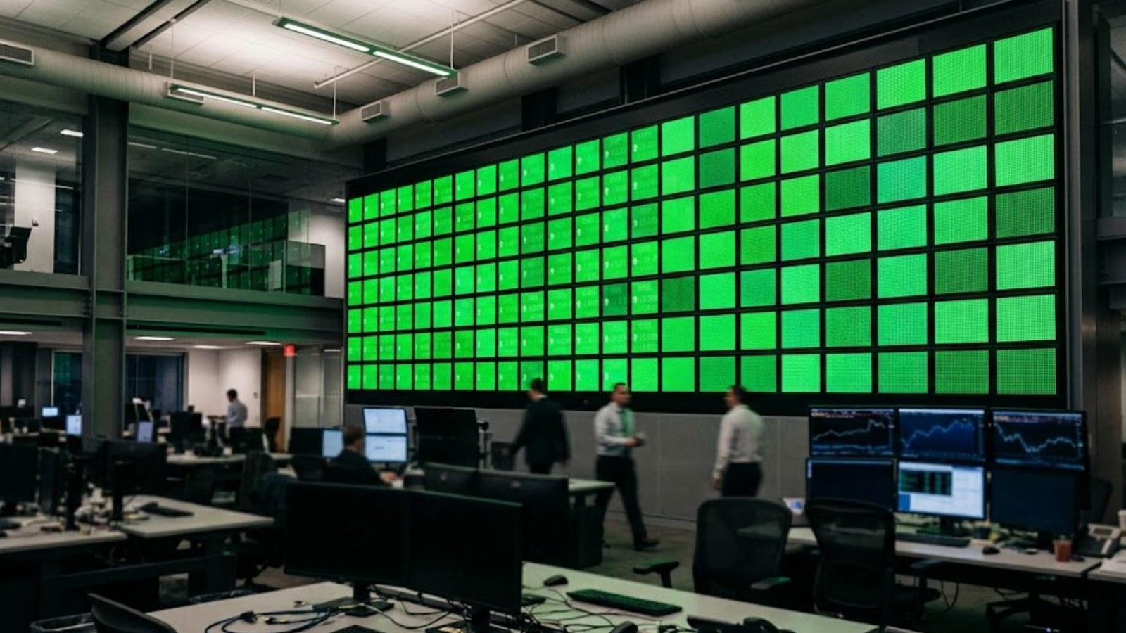 A quiet trading room under fluorescent light, a wall of green-lit monitor tiles behind three men walking past rows of mostly empty desks and dark screens.