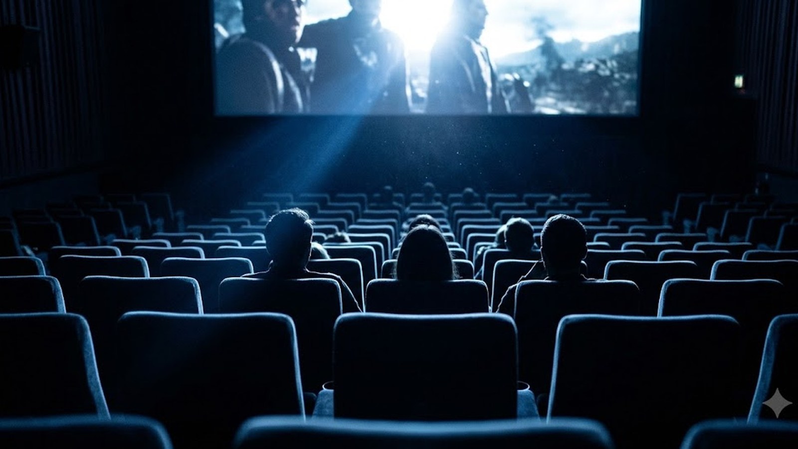 A darkened movie theater seen from the back rows, a few viewers in silhouette facing a bright screen, a beam of projector light cutting through the room.