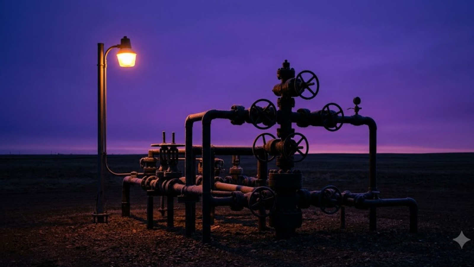A pipeline valve station silhouetted against a violet dusk sky, a single lamp post lit beside the wheels and pipes on flat open ground.