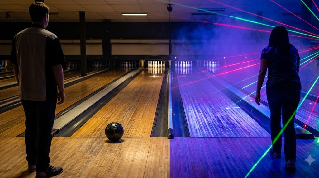 Two people stand at the head of neighboring bowling lanes at night, one lane under plain light, the other washed in purple haze and green laser beams.