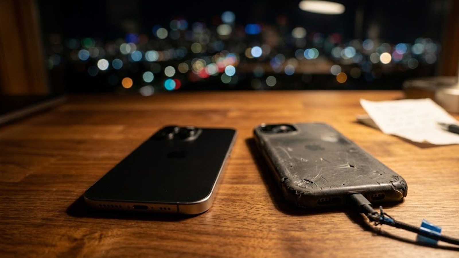 Two smartphones lying face-down on a wooden desk at night, one plugged into a charging cable, a handwritten note and pen beside them and city lights blurred behind.