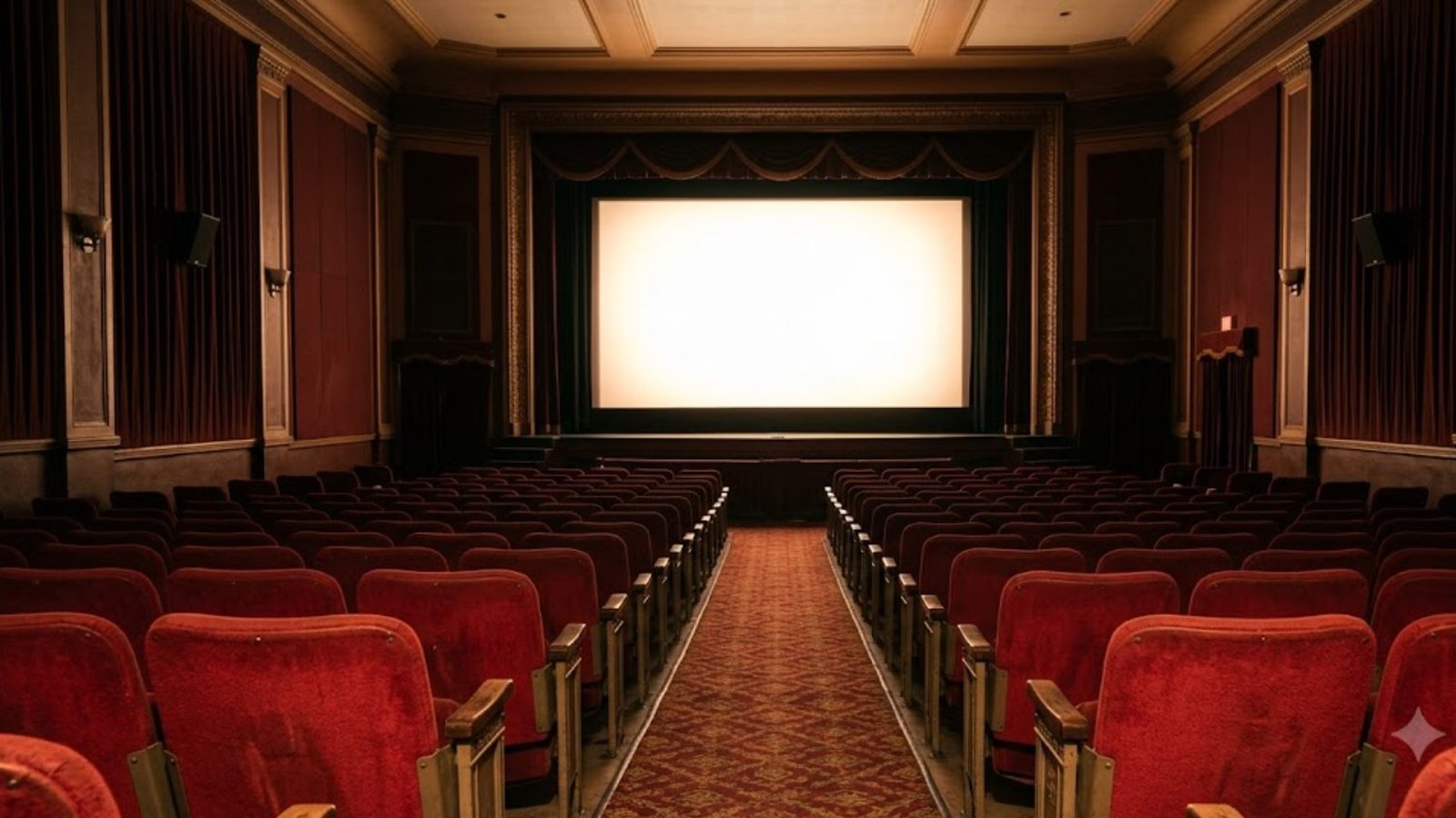 An empty vintage cinema with wood-paneled walls and rows of red velvet seats facing a softly glowing blank screen, a red carpet running down the aisle.