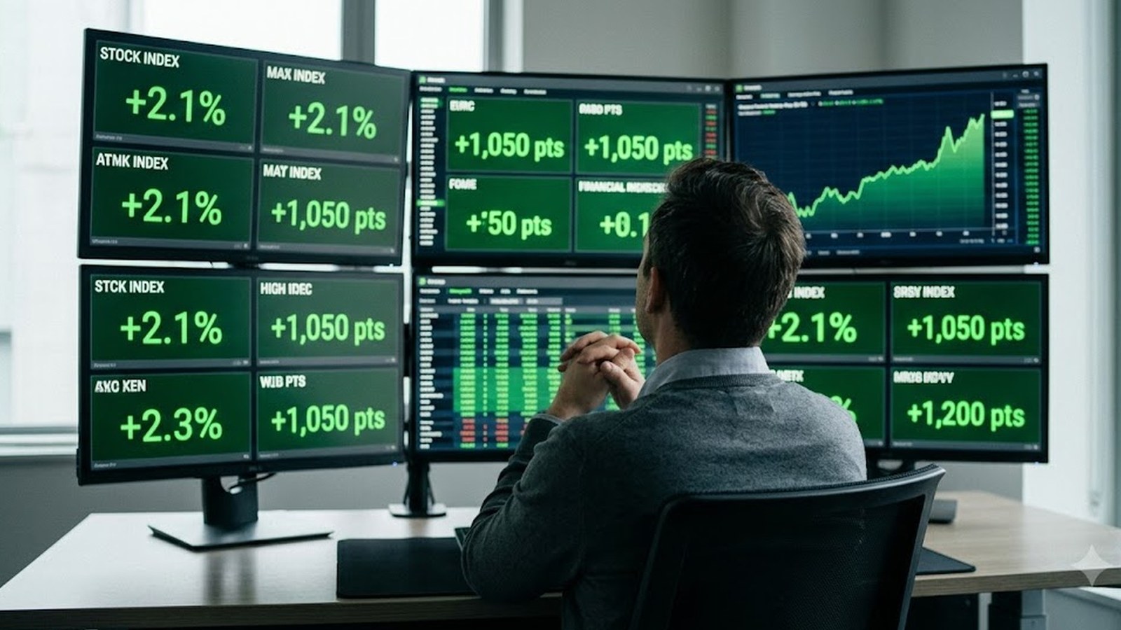 A man in a gray sweater sits with his hands clasped before a wall of green-lit market monitors at a desk by a bright window.