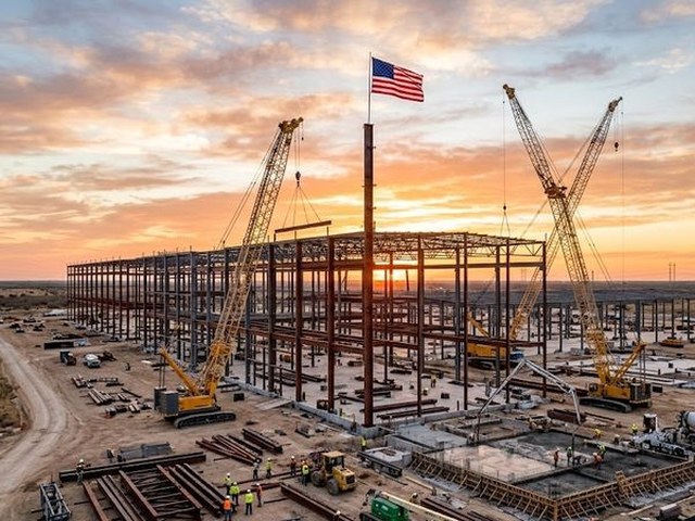 Tower cranes stand over the open steel frame of a huge building rising on flat ground at sunset, workers in hard hats and stacked beams in the foreground.